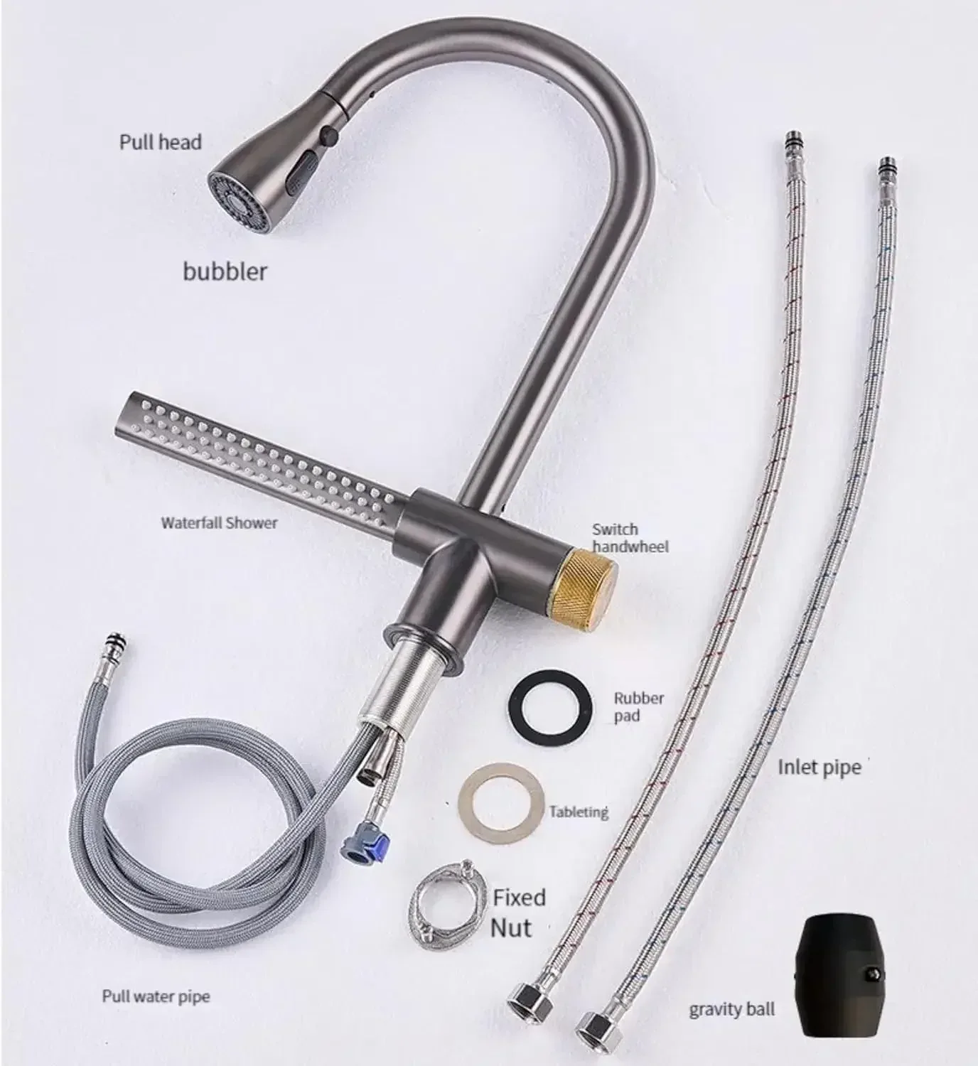 Waterfall Pull Out Four-Flow 360° Hot & Cold Stainless Steel Kitchen Mixer Faucet Black Grey - Image 6