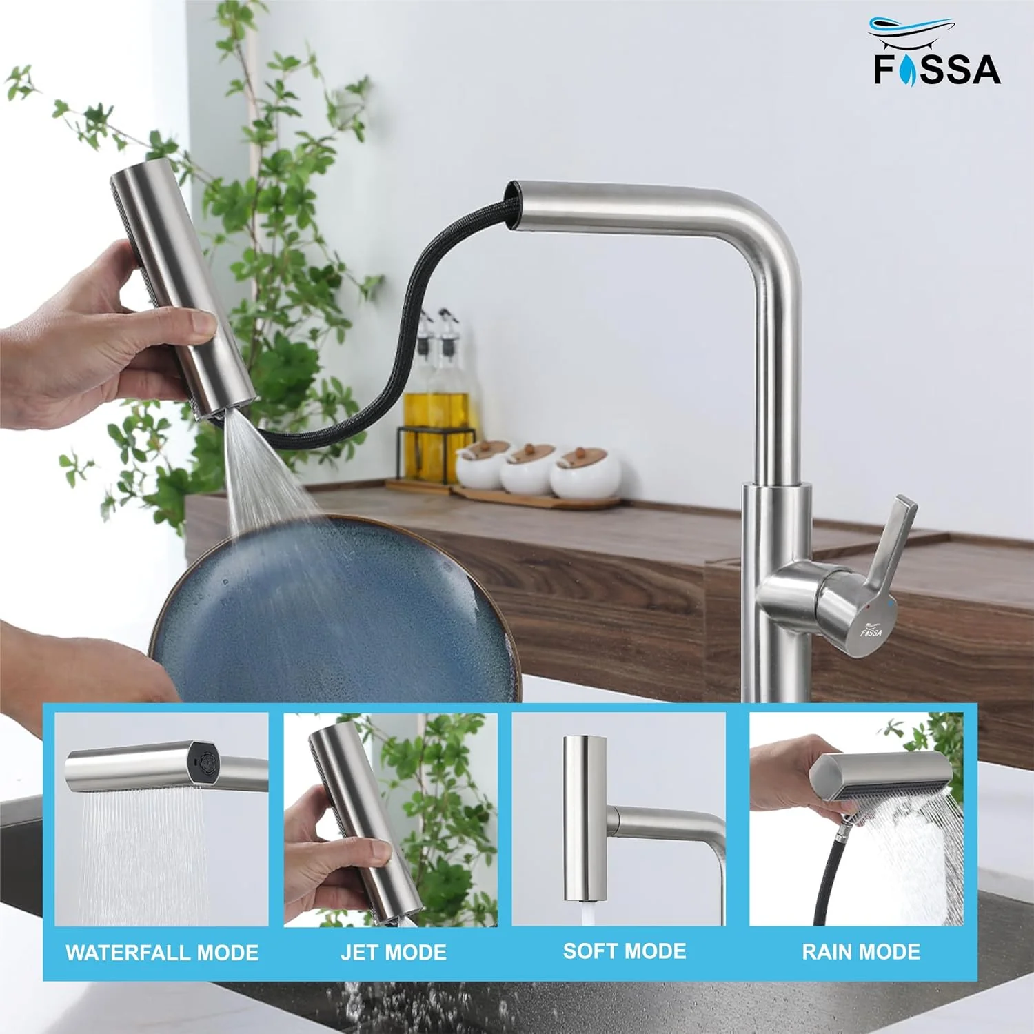 Rainfall Pull Out Triple-Flow 360° Hot & Cold Stainless Steel Kitchen Mixer Faucet Silver - Image 3