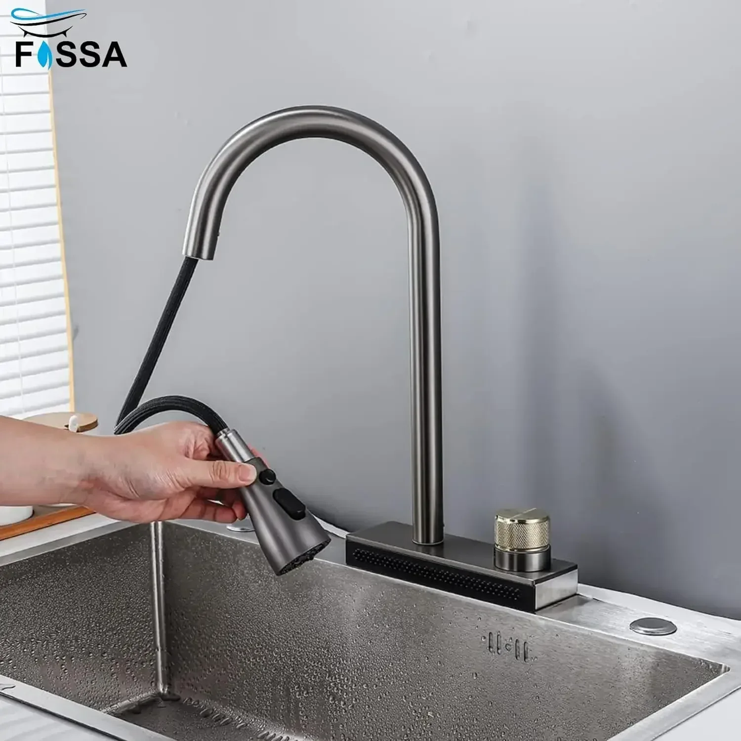 Rainfall Pull Out Four-Flow 360° Hot & Cold Stainless Steel Kitchen Mixer Faucet Black Grey - Image 3