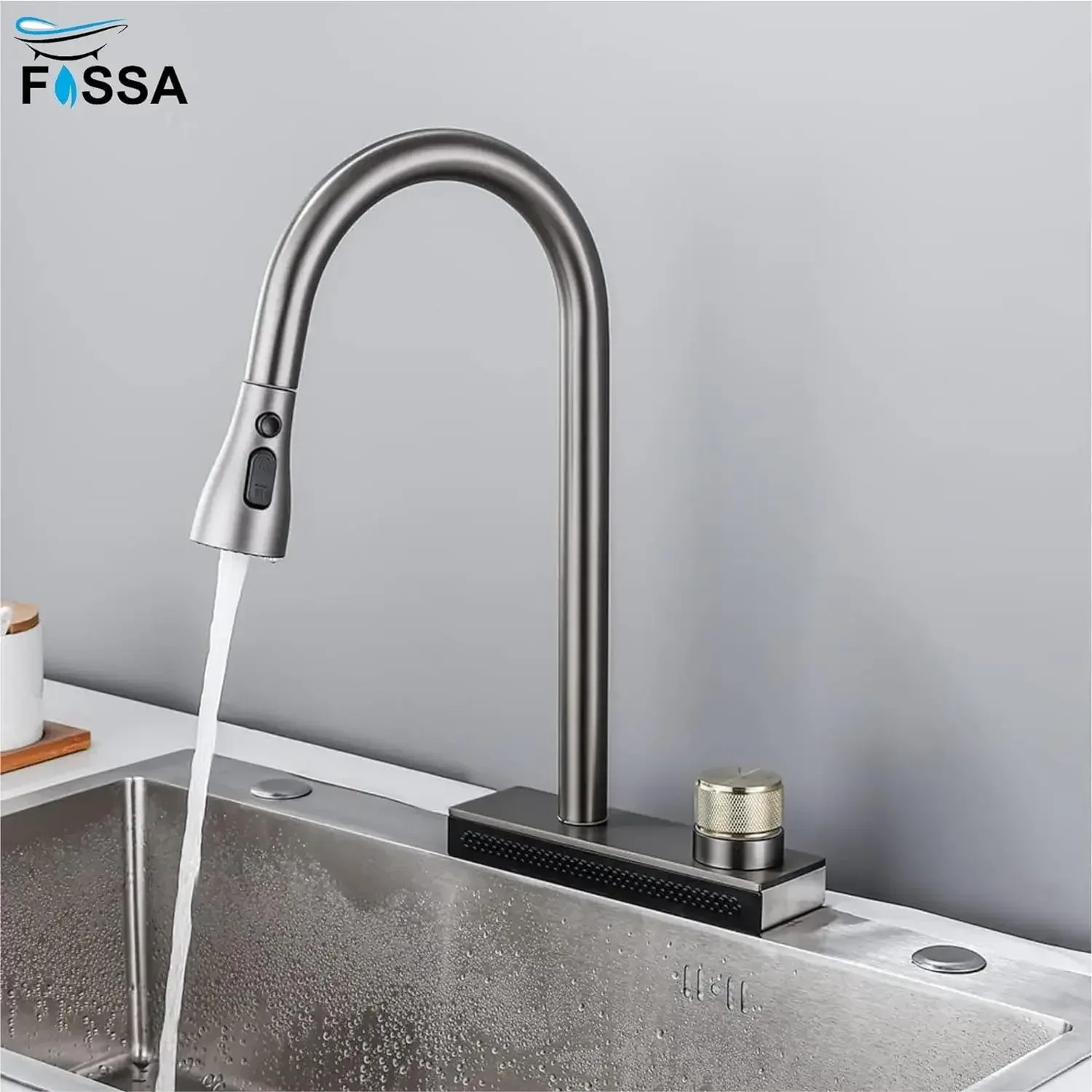 Rainfall Pull Out Four-Flow 360° Hot & Cold Stainless Steel Kitchen Mixer Faucet Black Grey - Image 4