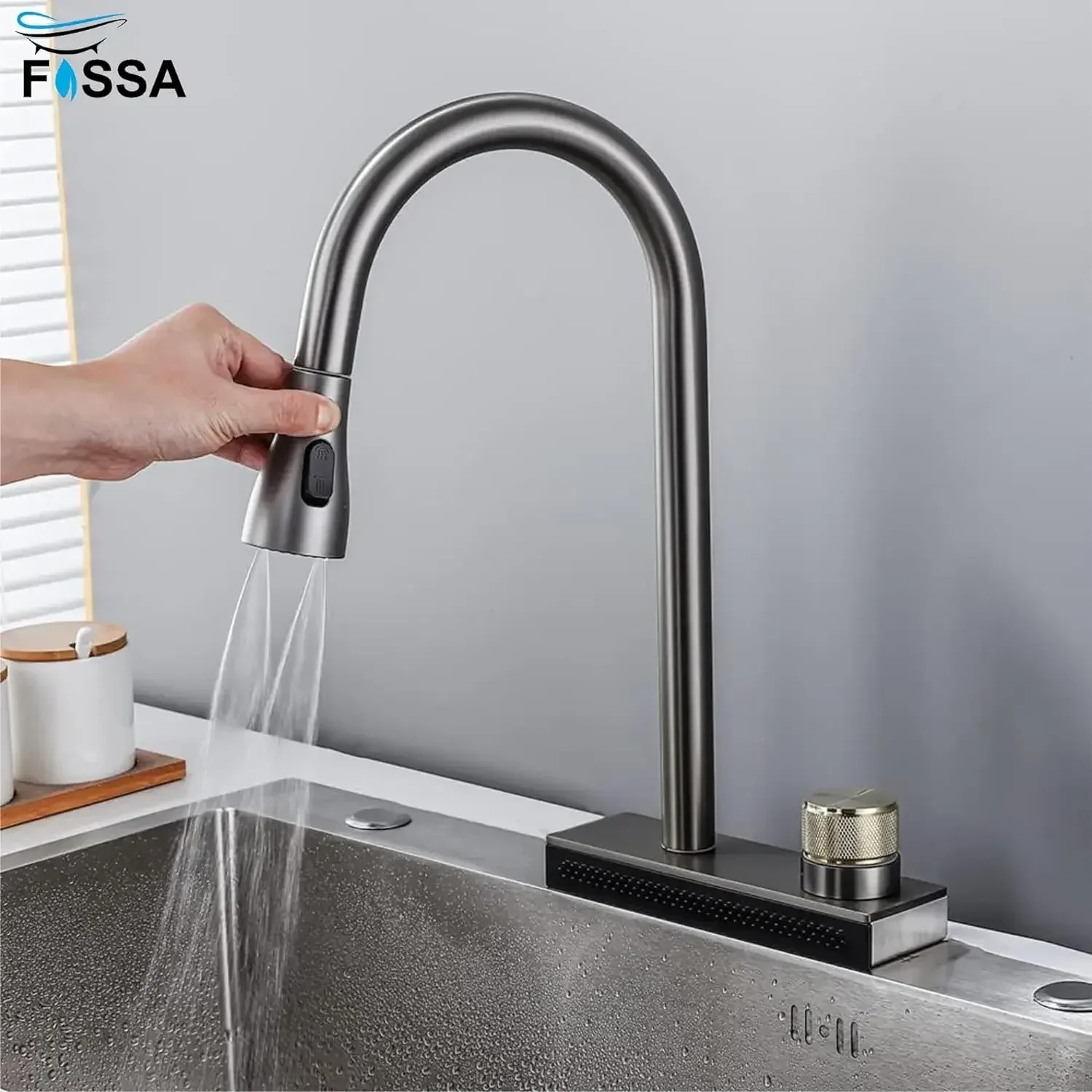 Rainfall Pull Out Four-Flow 360° Hot & Cold Stainless Steel Kitchen Mixer Faucet Black Grey - Image 5