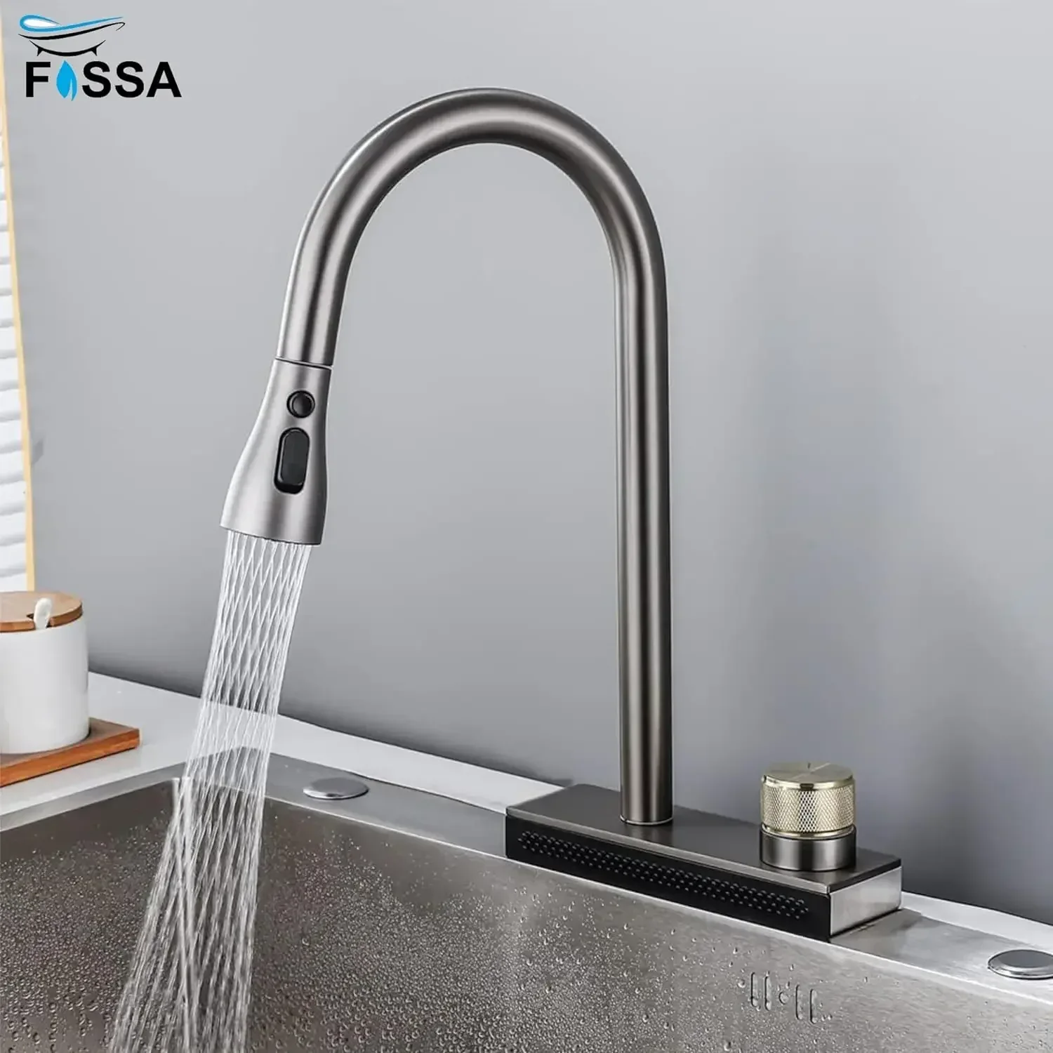 Rainfall Pull Out Four-Flow 360° Hot & Cold Stainless Steel Kitchen Mixer Faucet Black Grey - Image 6
