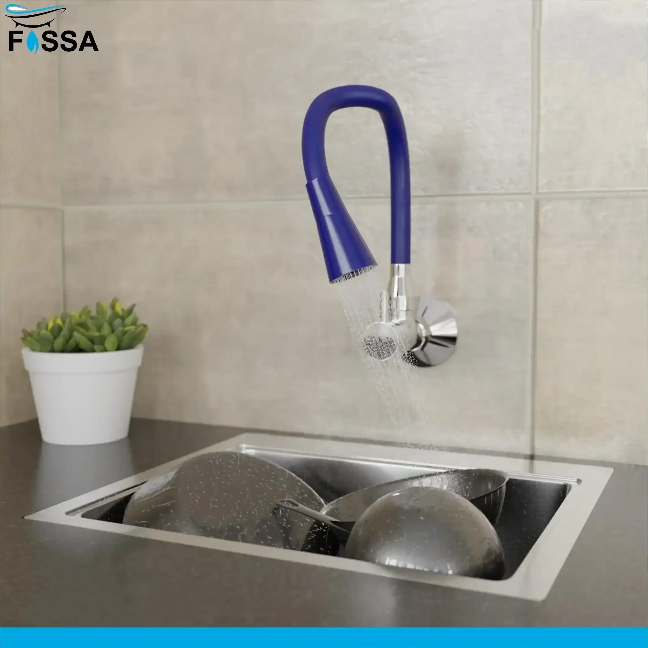 Brass Sink Cock Single-Flow Stainless Steel Flexible 360° Swivel Spout Kitchen Sink Tap Blue - Image 2