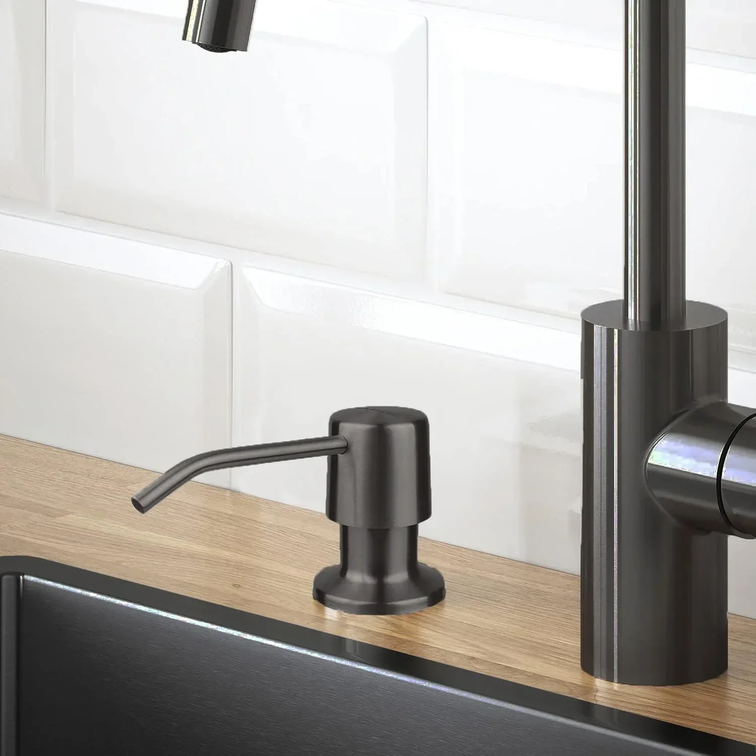 Soap Dispenser for Kitchen Sink Stainless Steel with Refillable Bottle 300ml Black - Image 2
