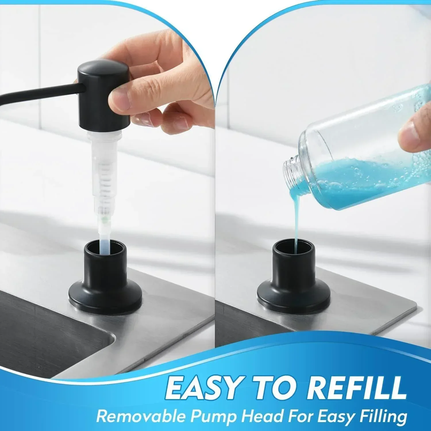 Soap Dispenser for Kitchen Sink Stainless Steel with Refillable Bottle 300ml Black - Image 6