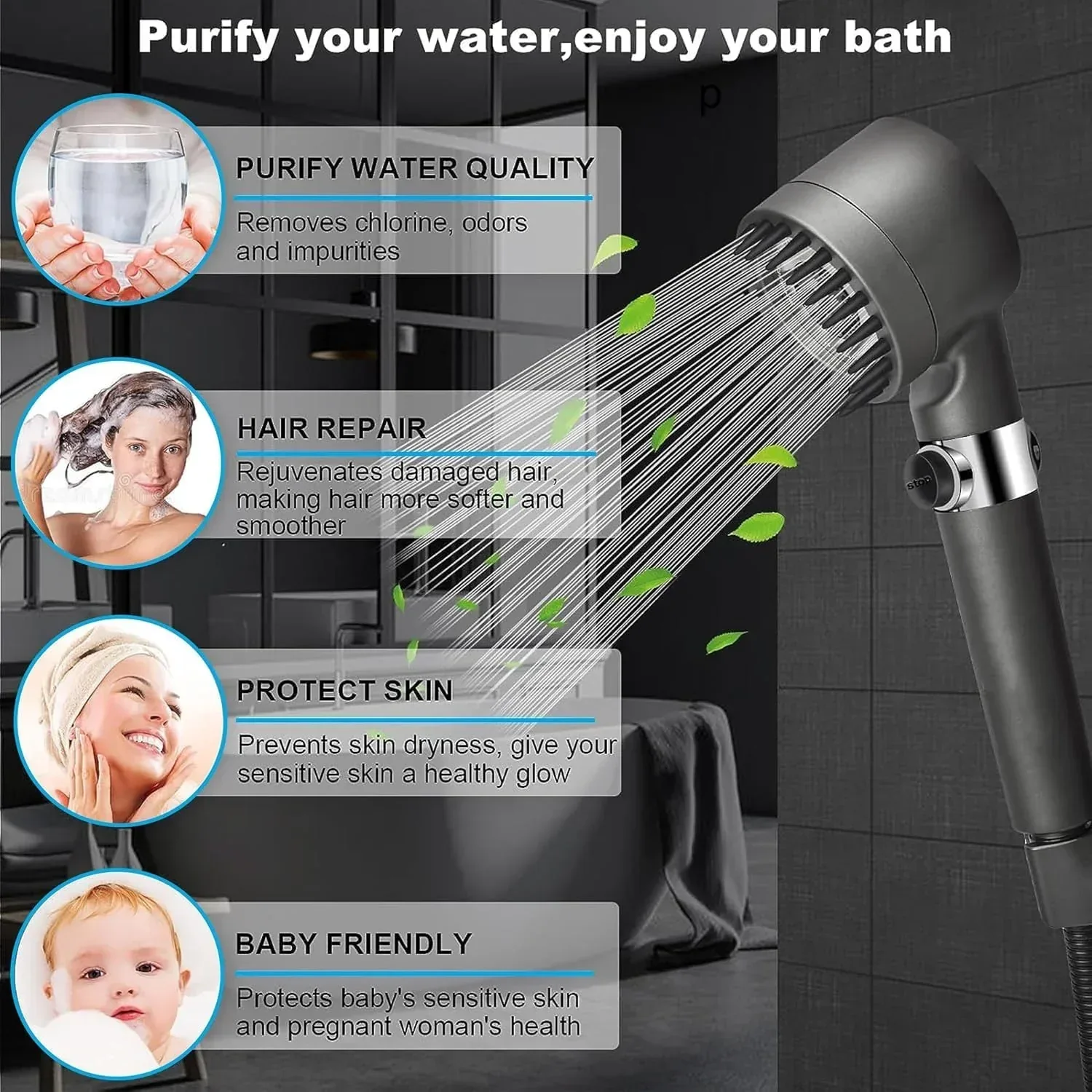 Snow 3 Modes ABS Black Finish Hand Shower With 1.5 Meter ABS Hose Pipe & Hook - Image 3
