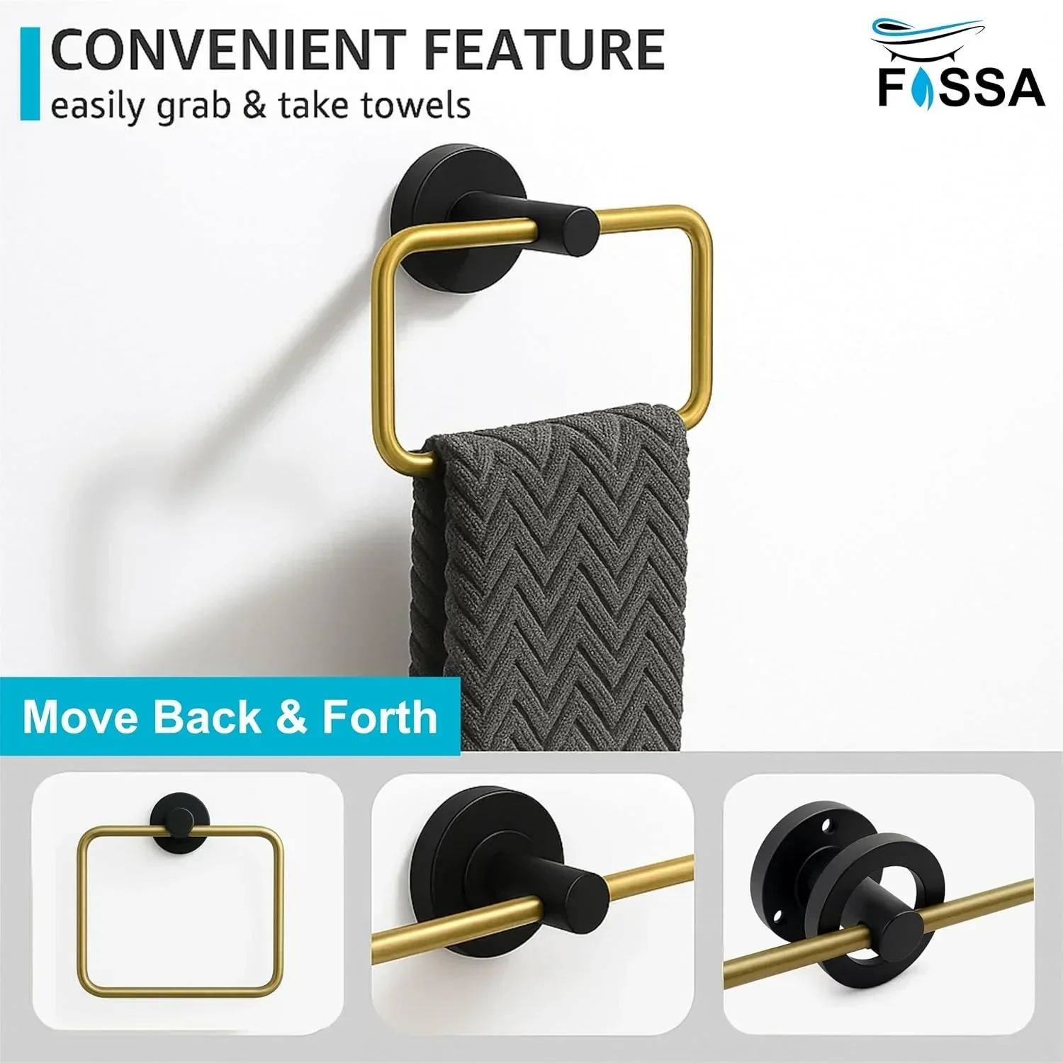 Square Stainless Steel Towel Ring Black -Gold - Image 3