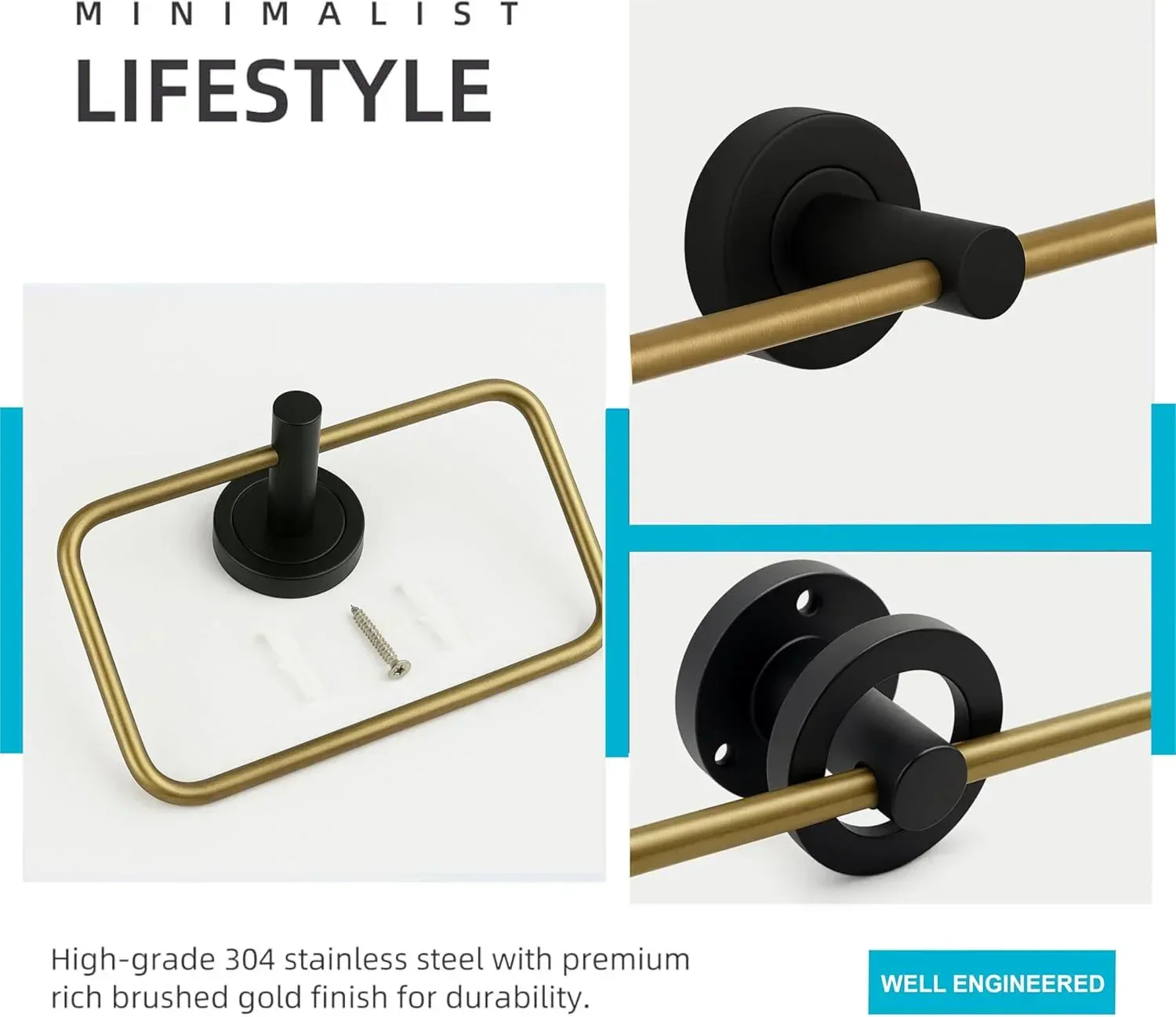 Square Stainless Steel Towel Ring Black -Gold - Image 4