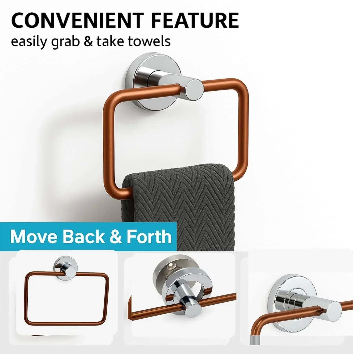 Square Stainless Steel Towel Ring Rose Gold + Silver - Image 4