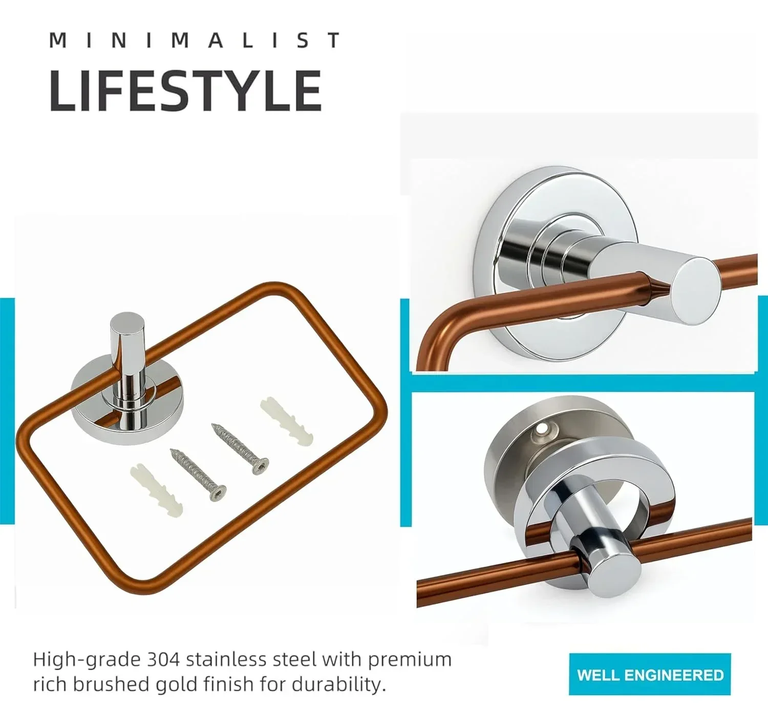 Square Stainless Steel Towel Ring Rose Gold + Silver - Image 5