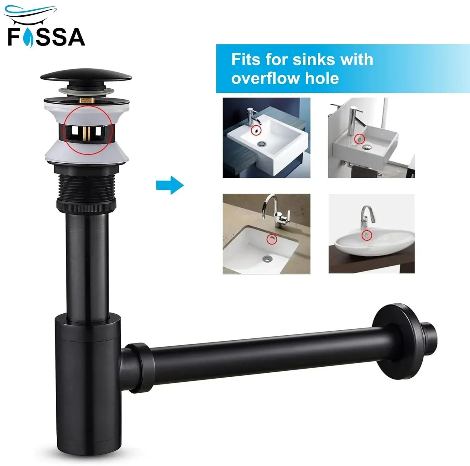 12 inch Stainless Steel Black Bottle Trap with Flange and Pop up Coupling - Image 4