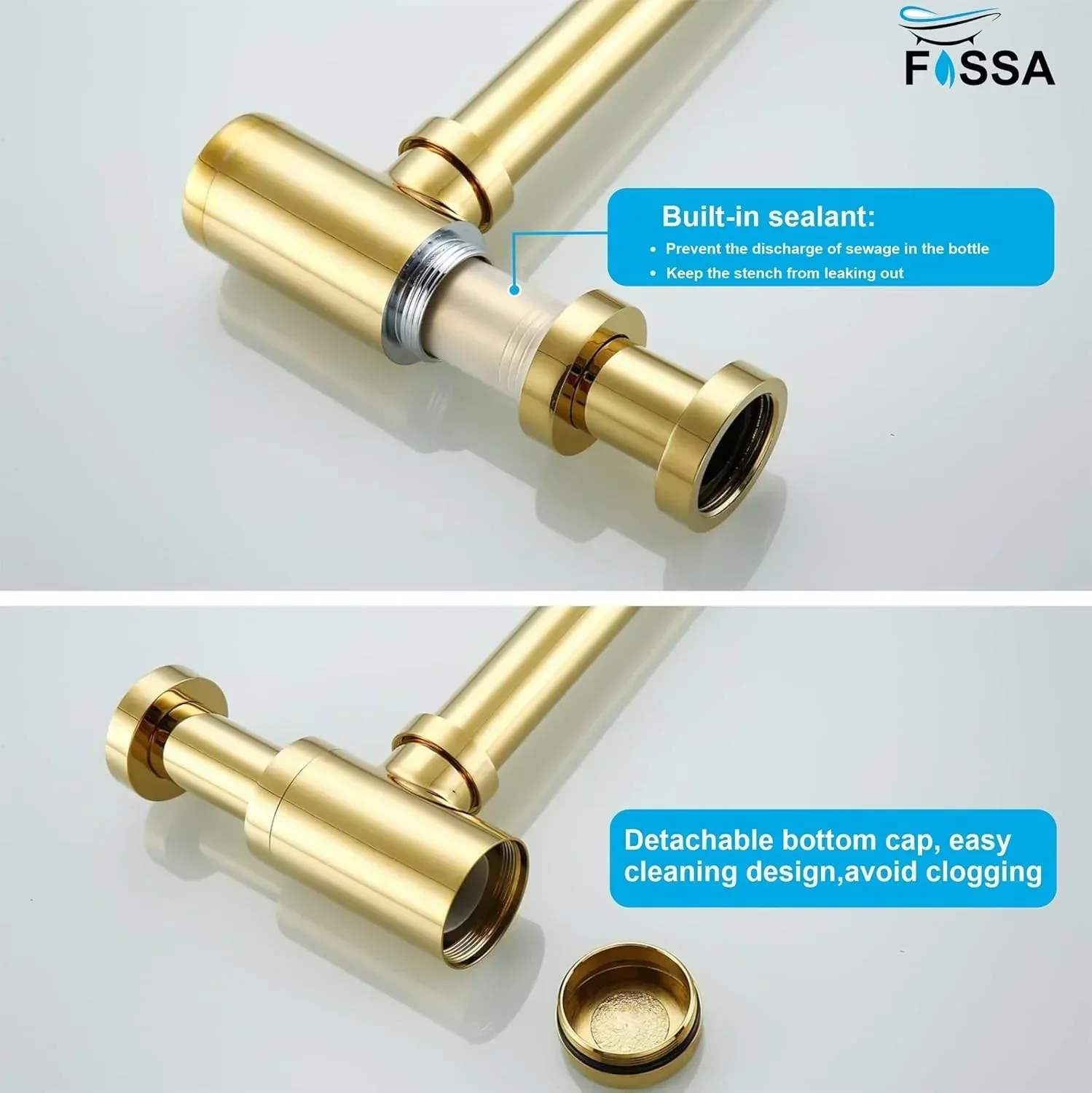 12 inch Stainless Steel Gold Bottle Trap with Flange - Image 2