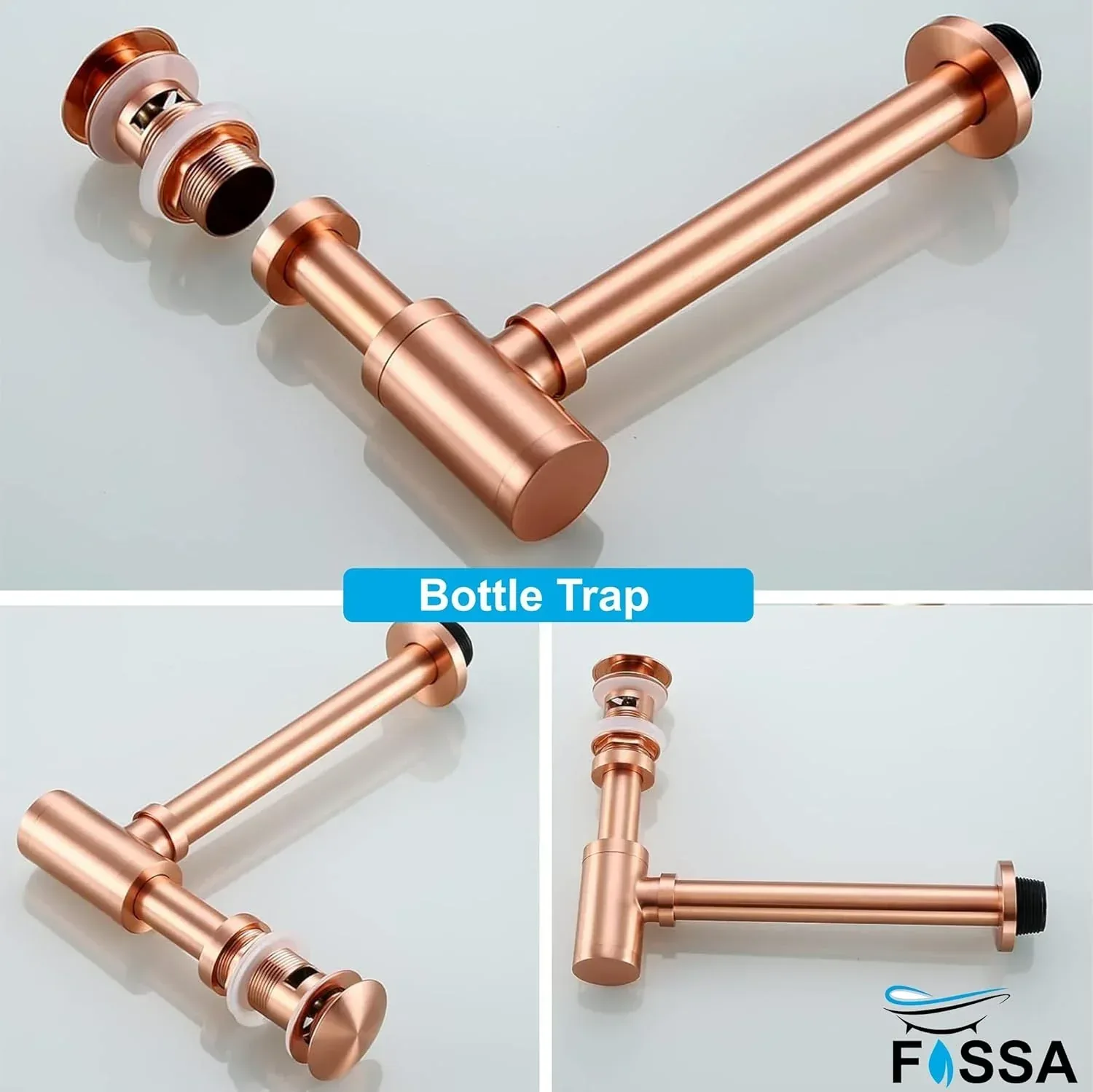 12 inch Stainless Steel Rose Gold Bottle Trap with Flange - Image 3