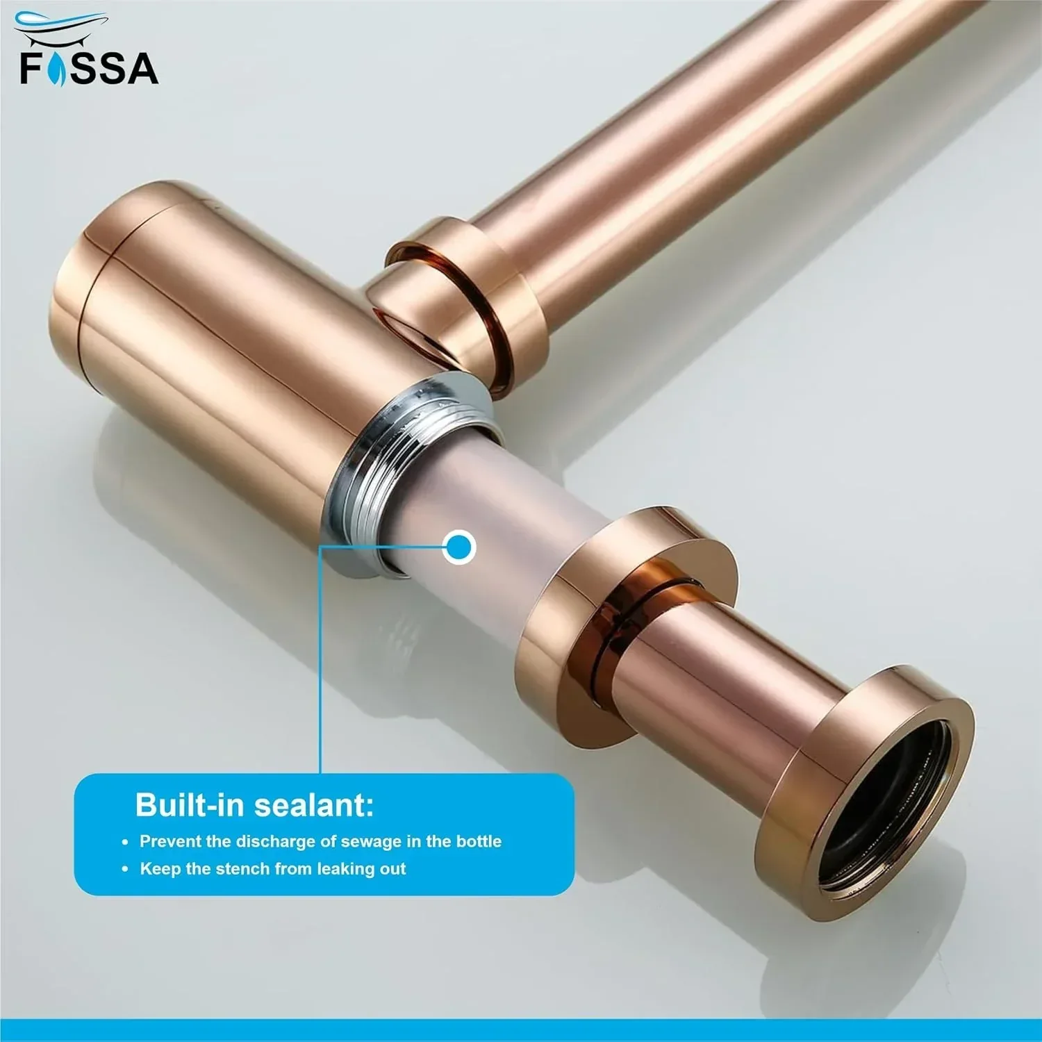 12 inch Stainless Steel Rose Gold Bottle Trap with Flange - Image 2