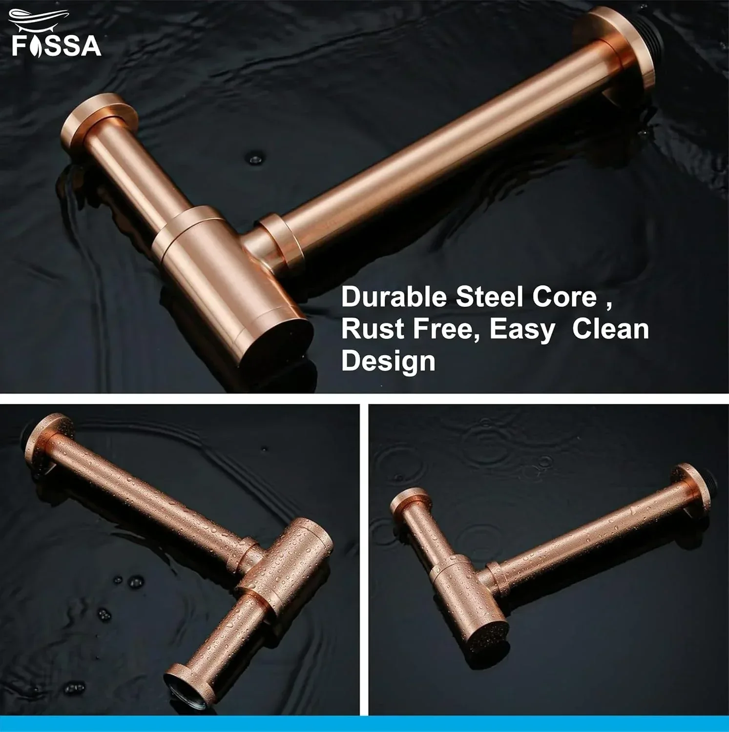 12 inch Stainless Steel Rose Gold Bottle Trap with Flange - Image 3