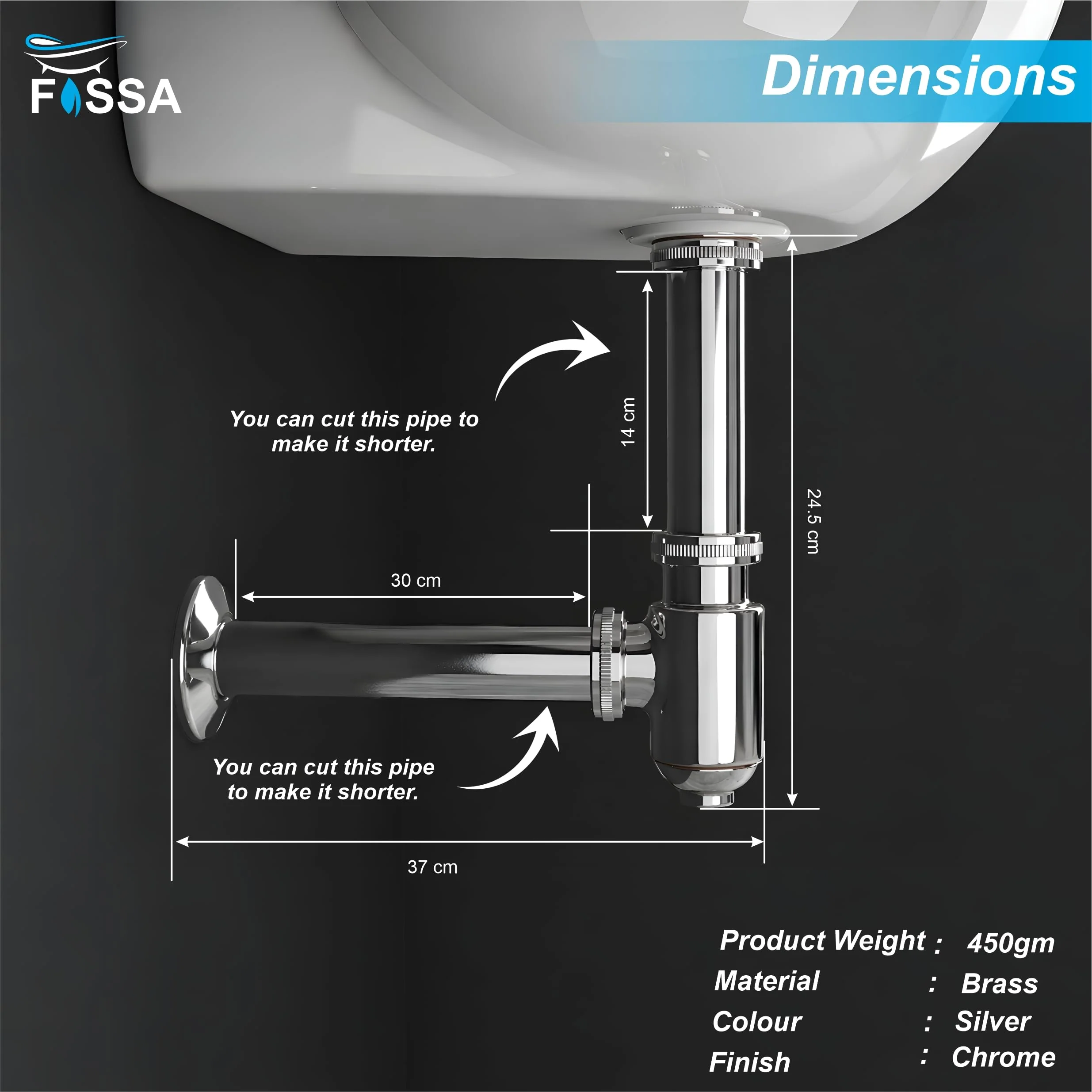 12 inch Wipro Brass Silver Bottle Trap with Flange - Image 2