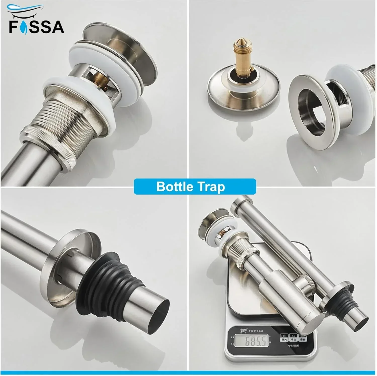 12 inch Stainless Steel Silver Bottle Trap with Flange and Pop up Coupling - Image 5