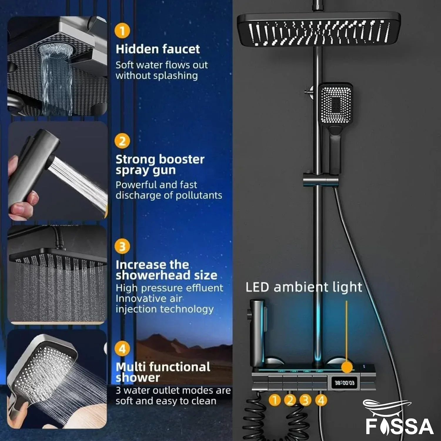 Smart Shower Panel LED With Piano Button Set (Black) - Image 6