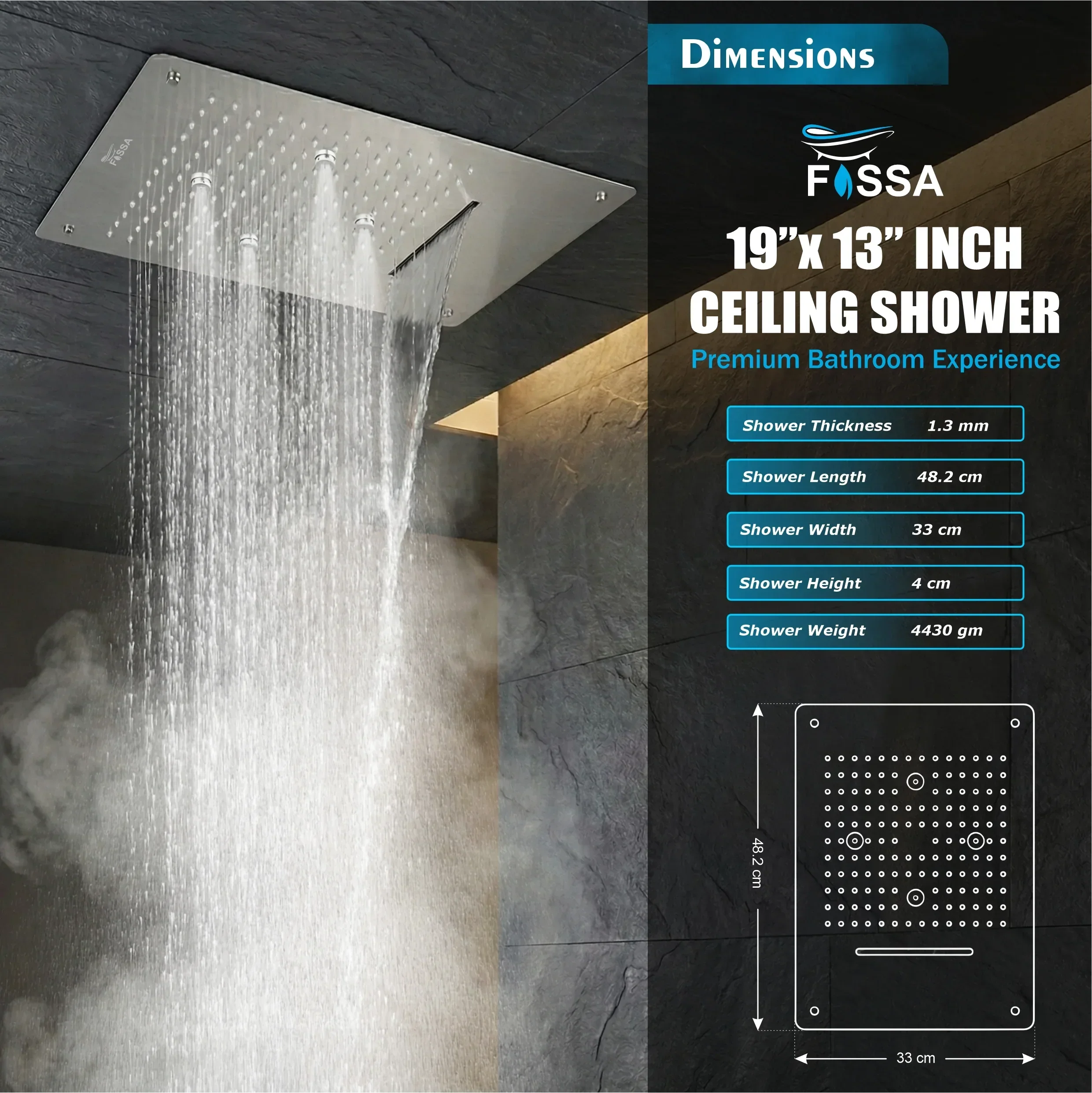 Three Mode Ceiling Overhead Shower Mist,Rain,Waterfall (19x13 Inch) - Image 4