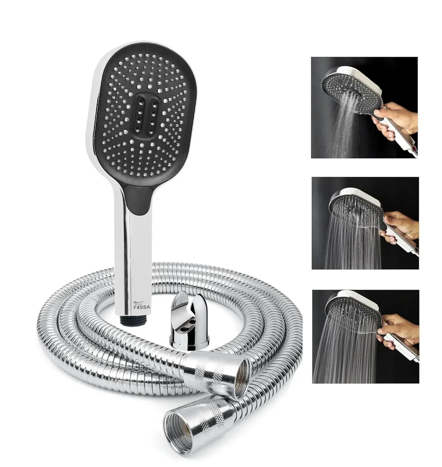 Thunder 3 Sprey Modes Black Finish Hand Shower With 1.5 Meter 304- Grade Stainless Steel Hose Pipe & Hook