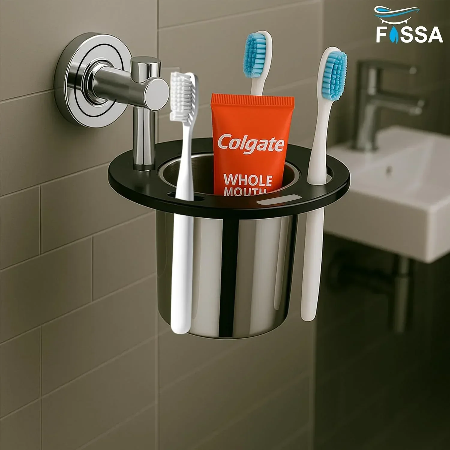 Stainless Steel Wall Mounted Brush & Tumbler Holder Black-Chrome - Image 2