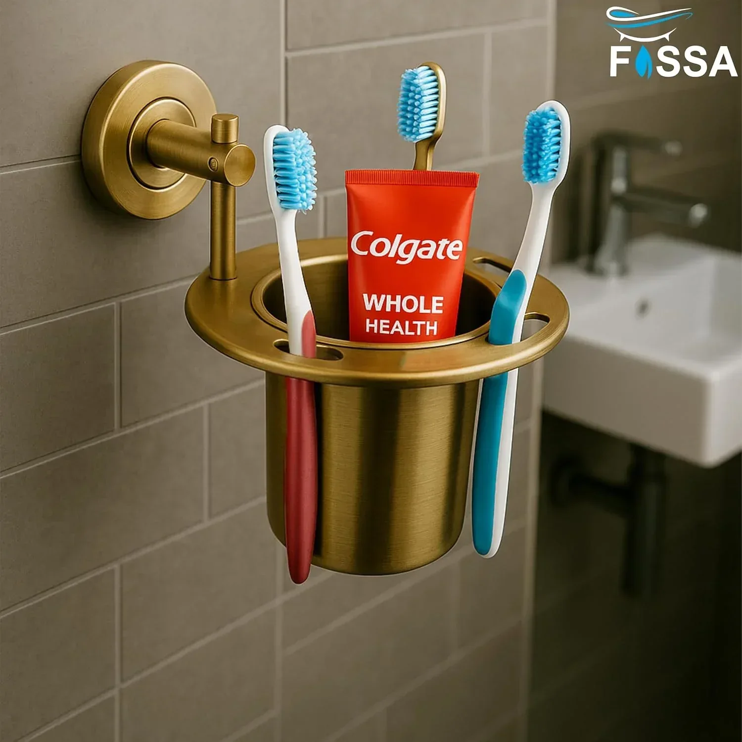 Stainless Steel Wall Mounted Brush & Tumbler Holder Gold - Image 2