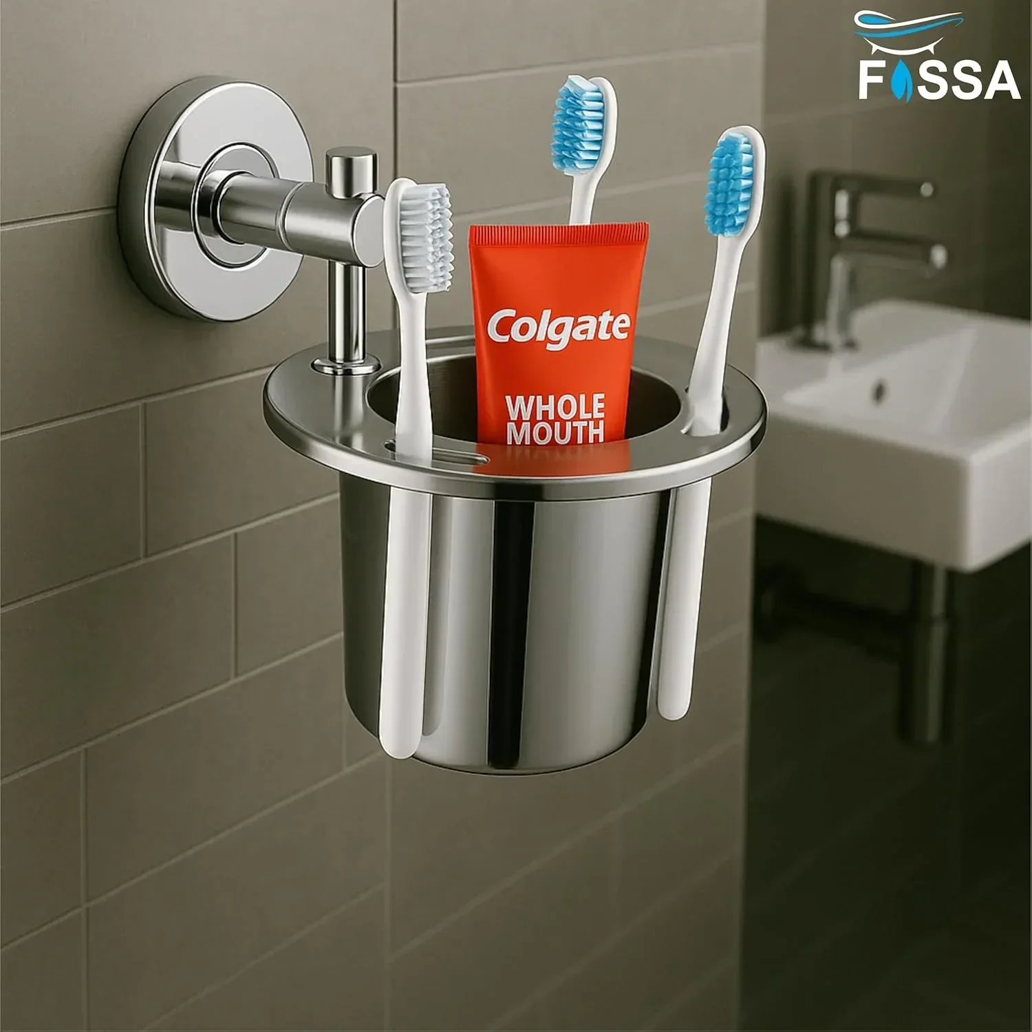 Stainless Steel Wall Mounted Brush & Tumbler Holder Silver - Image 2