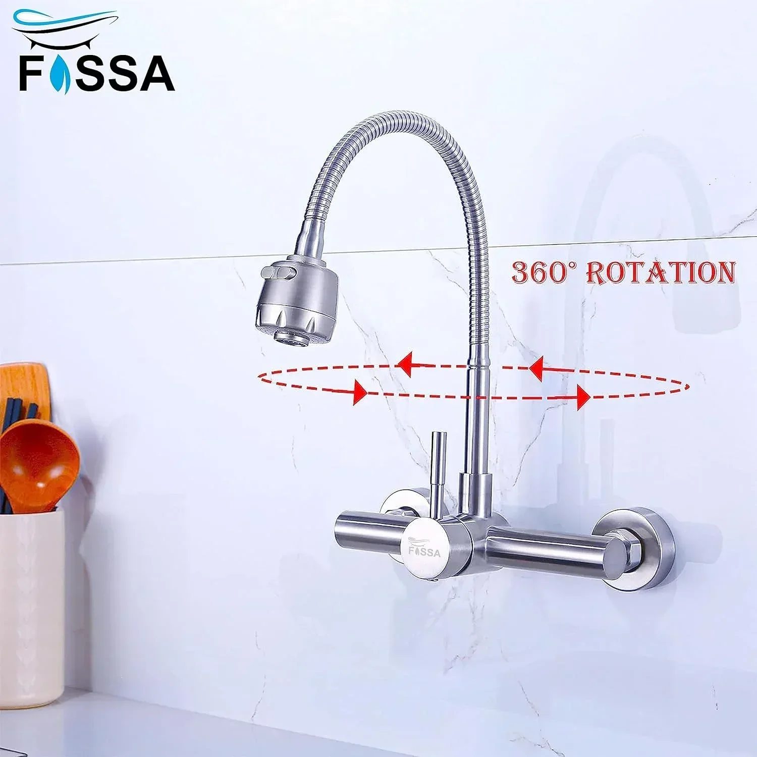 Dual-Flow Wall-Mount 360° Hot & Cold Kitchen Mixer Faucet Silver - Image 3