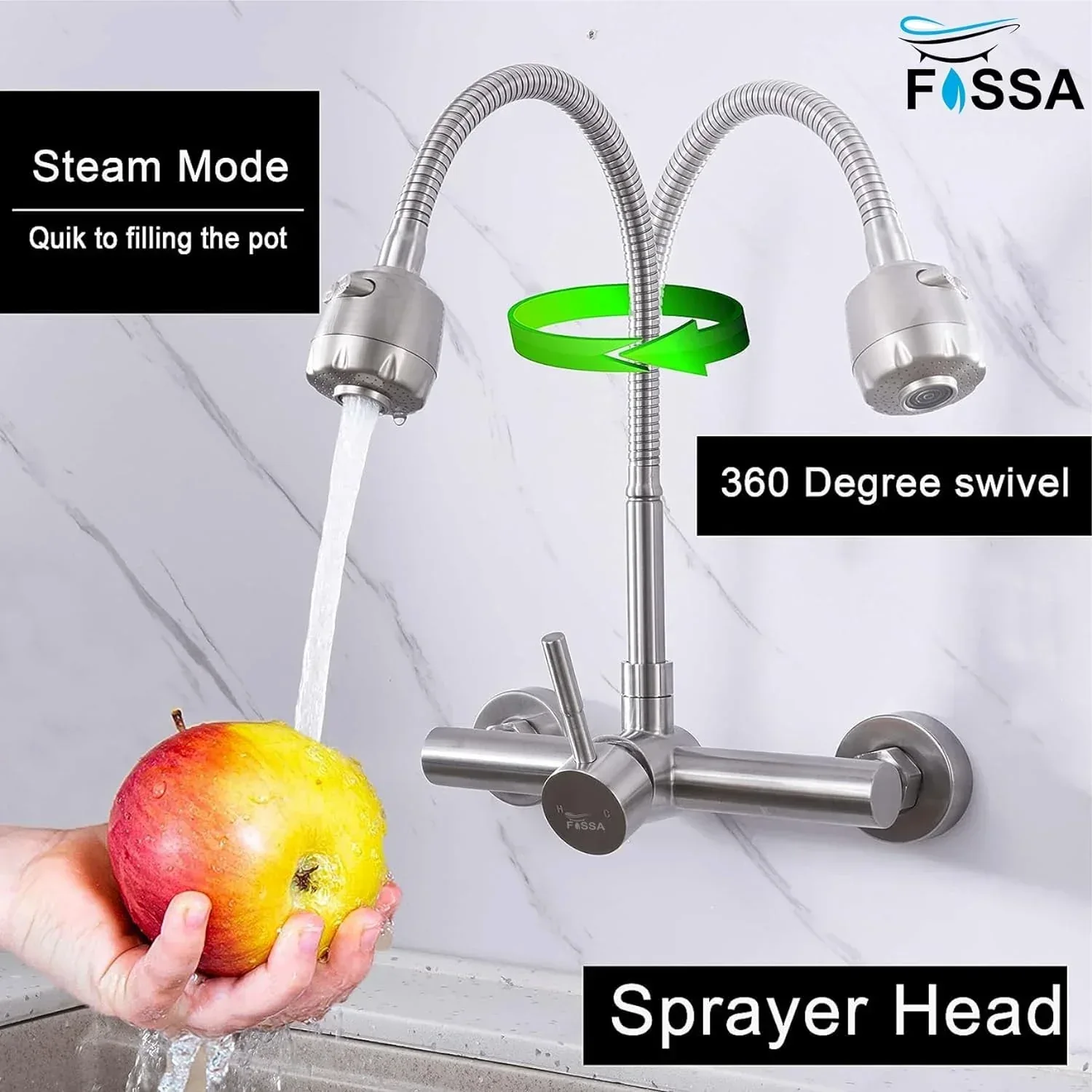 Dual-Flow Wall-Mount 360° Hot & Cold Kitchen Mixer Faucet Silver - Image 6