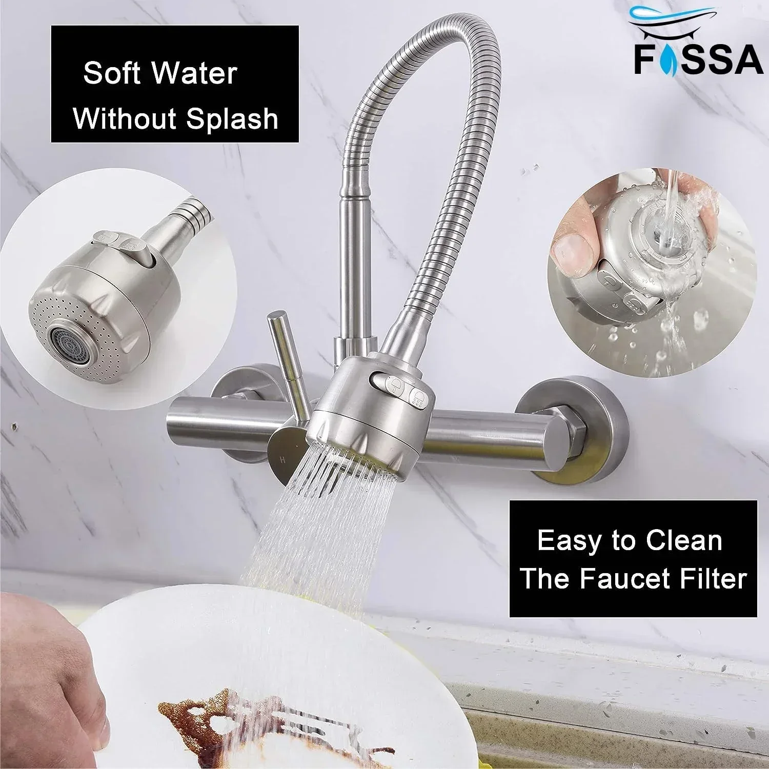 Dual-Flow Wall-Mount 360° Hot & Cold Kitchen Mixer Faucet Silver - Image 8