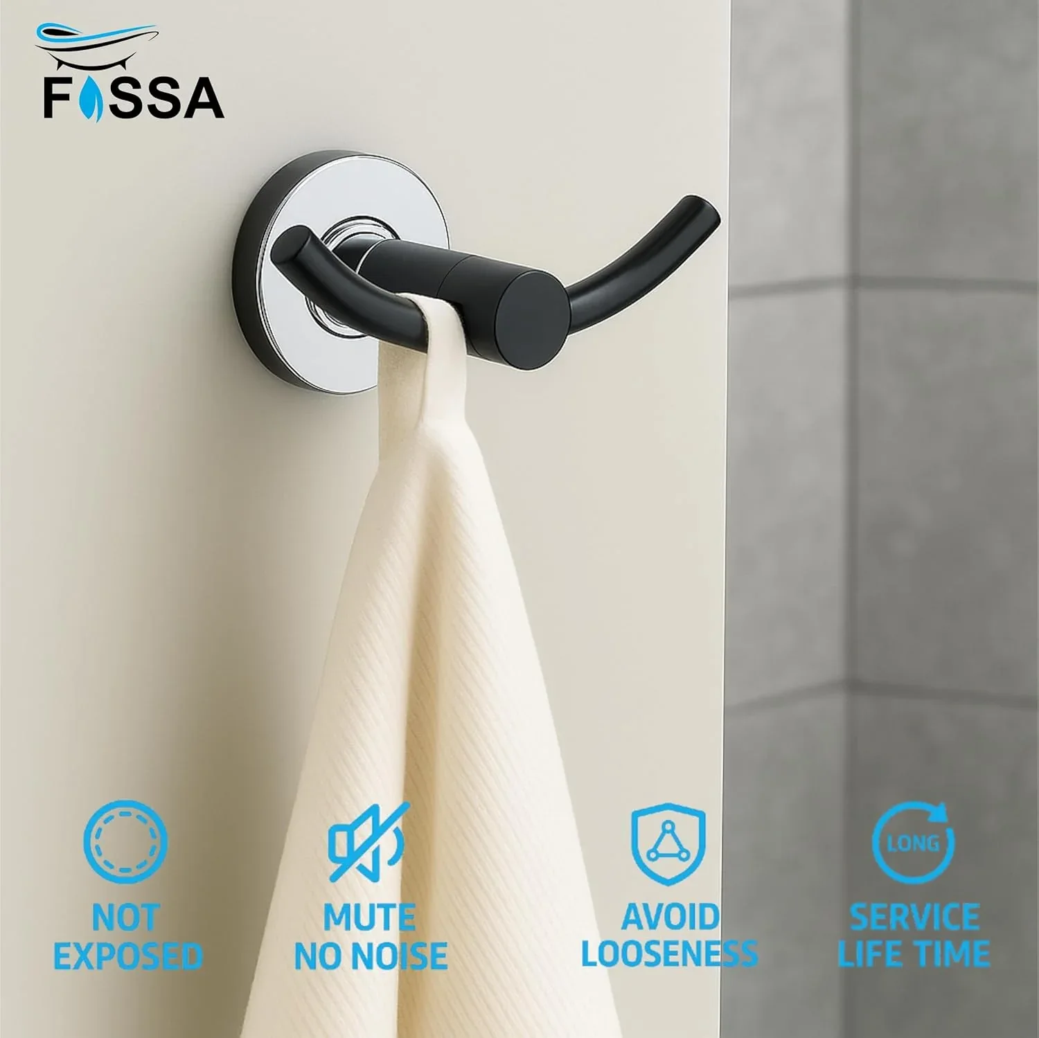 Wall Mounted Stainless Steel Towel & Robe Hook Chrome Finish (Black & Silver) - Image 3