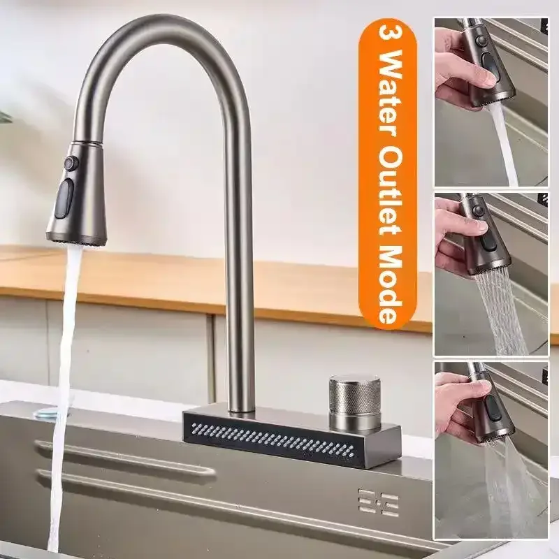 Rainfall Pull Out Four-Flow 360° Hot & Cold Stainless Steel Kitchen Mixer Faucet Black - Image 10