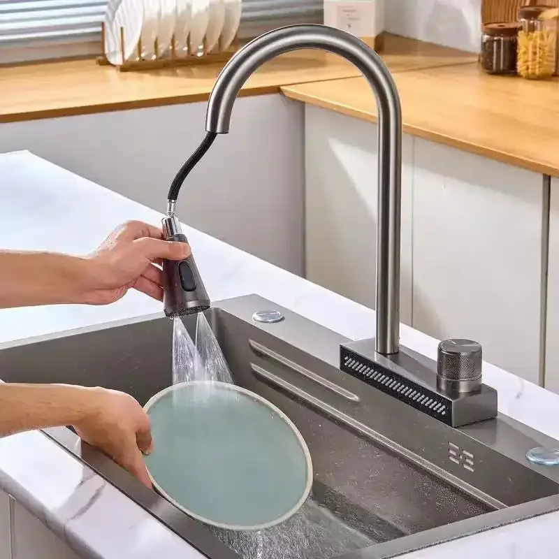 Rainfall Pull Out Four-Flow 360° Hot & Cold Stainless Steel Kitchen Mixer Faucet Black - Image 3