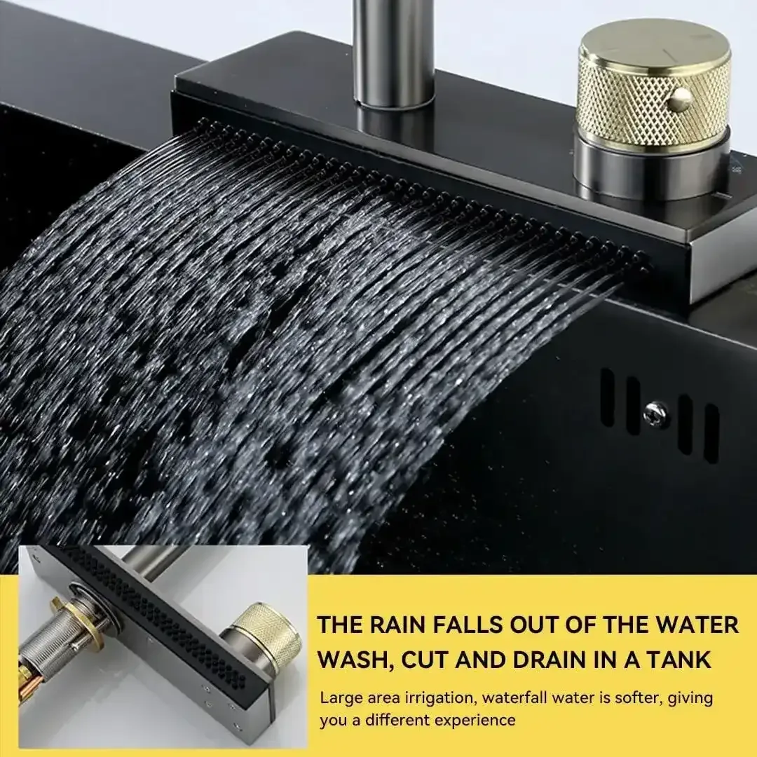 Rainfall Pull Out Four-Flow 360° Hot & Cold Stainless Steel Kitchen Mixer Faucet Black - Image 4