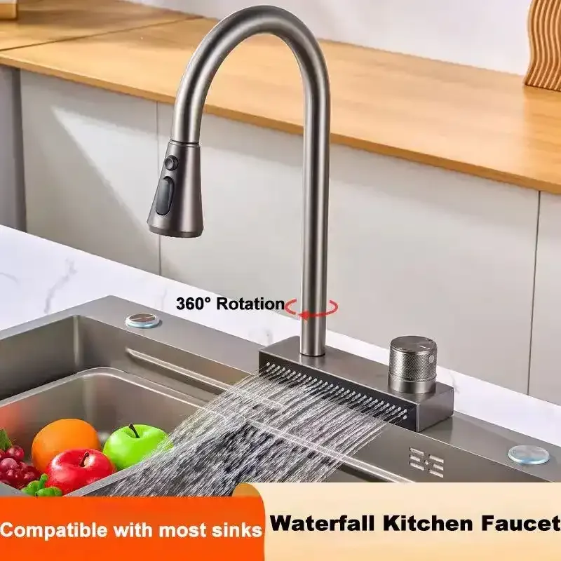 Rainfall Pull Out Four-Flow 360° Hot & Cold Stainless Steel Kitchen Mixer Faucet Black - Image 6
