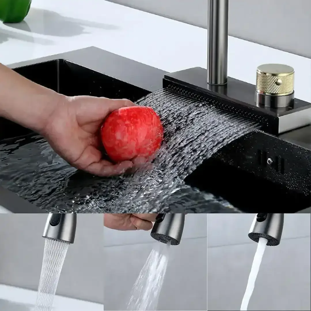 Rainfall Pull Out Four-Flow 360° Hot & Cold Stainless Steel Kitchen Mixer Faucet Black - Image 8
