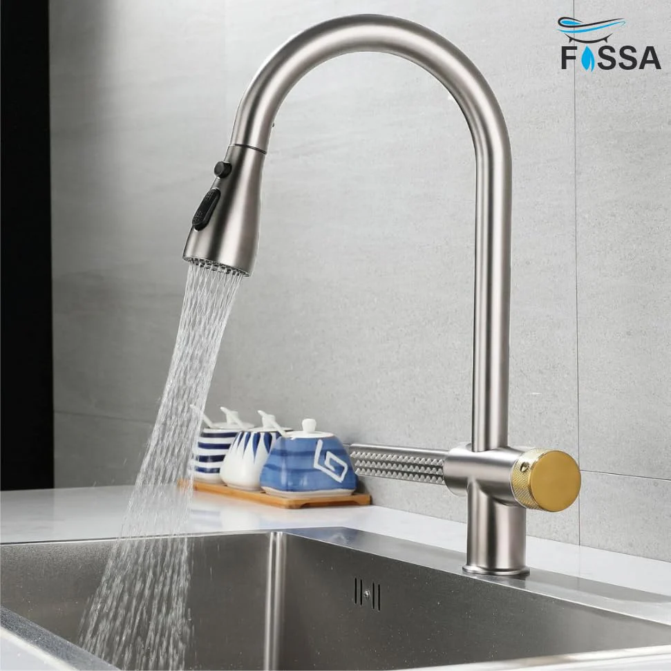 Waterfall Pull Out Four-Flow 360° Hot & Cold Stainless Steel Kitchen Mixer Faucet Silver - Image 3