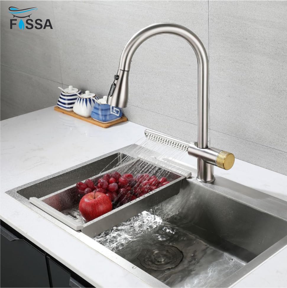 Waterfall Pull Out Four-Flow 360° Hot & Cold Stainless Steel Kitchen Mixer Faucet Silver - Image 4