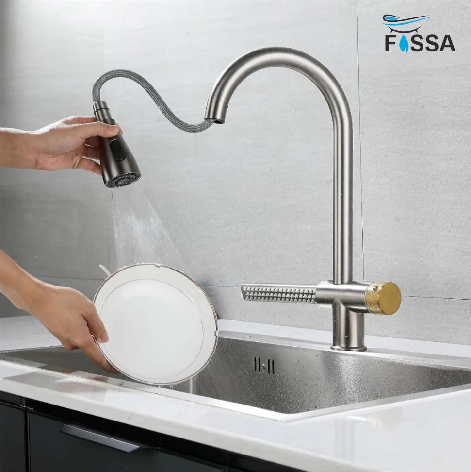 Waterfall Pull Out Four-Flow 360° Hot & Cold Stainless Steel Kitchen Mixer Faucet Silver - Image 5