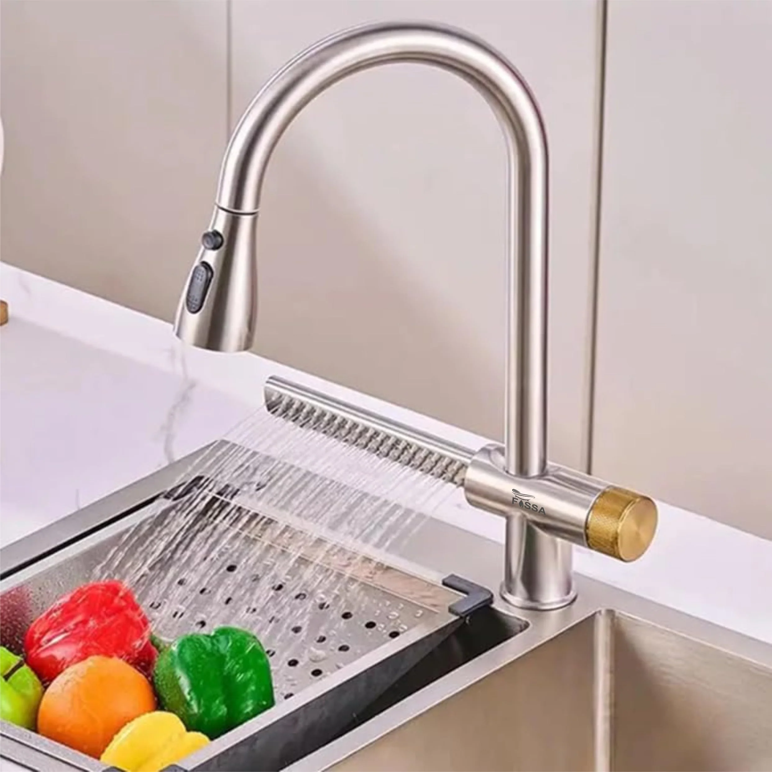 Waterfall Pull Out Four-Flow 360° Hot & Cold Stainless Steel Kitchen Mixer Faucet Silver - Image 6