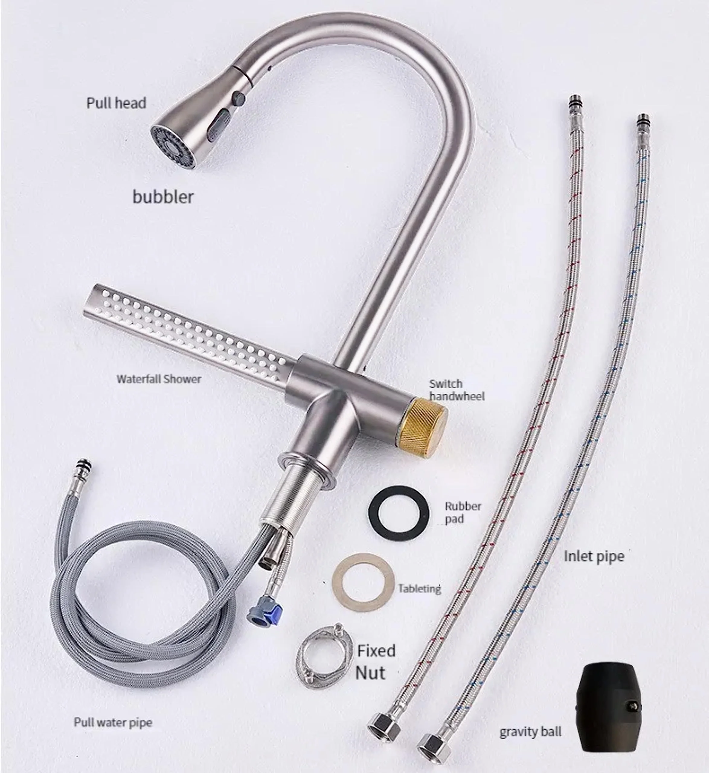 Waterfall Pull Out Four-Flow 360° Hot & Cold Stainless Steel Kitchen Mixer Faucet Silver - Image 7