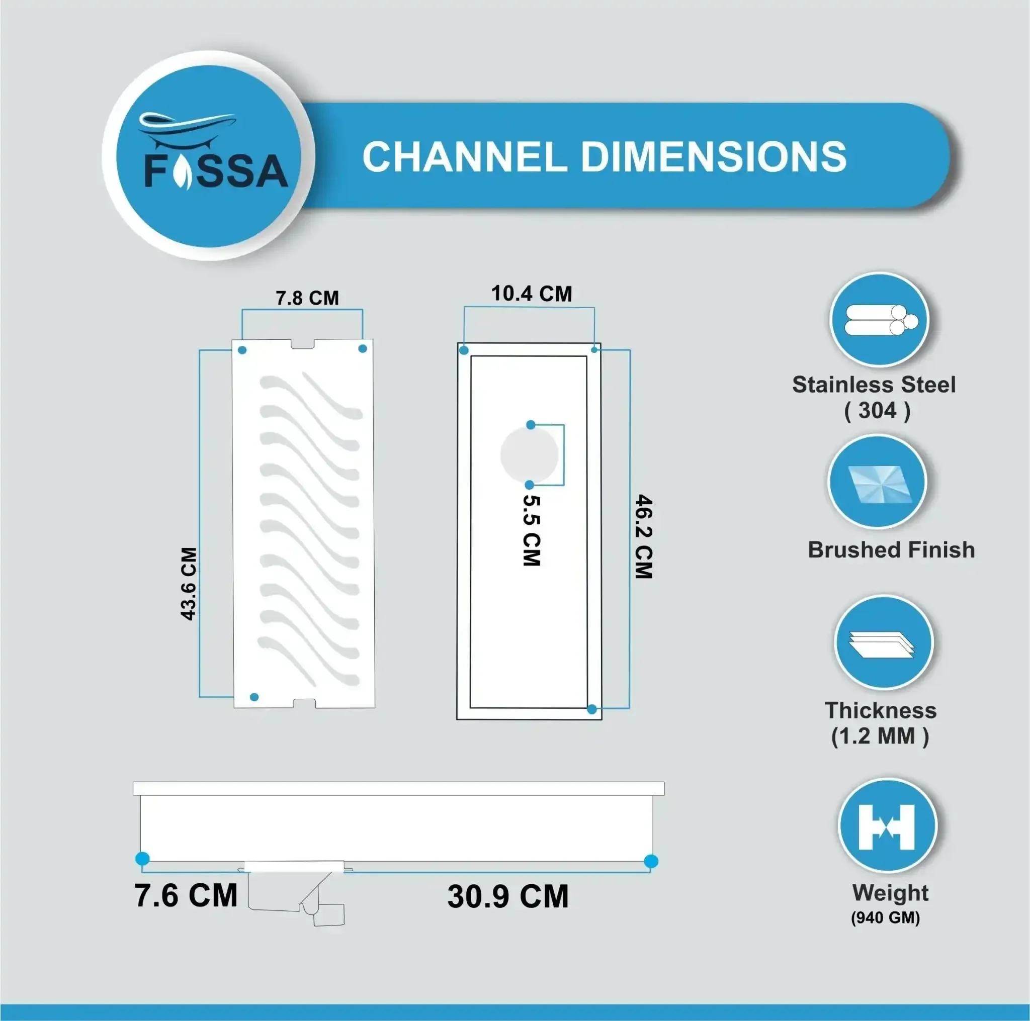 Wave (18x 4 Inches) 304 Grade Brushed Shower Drain Channel Floor Drain - Image 2