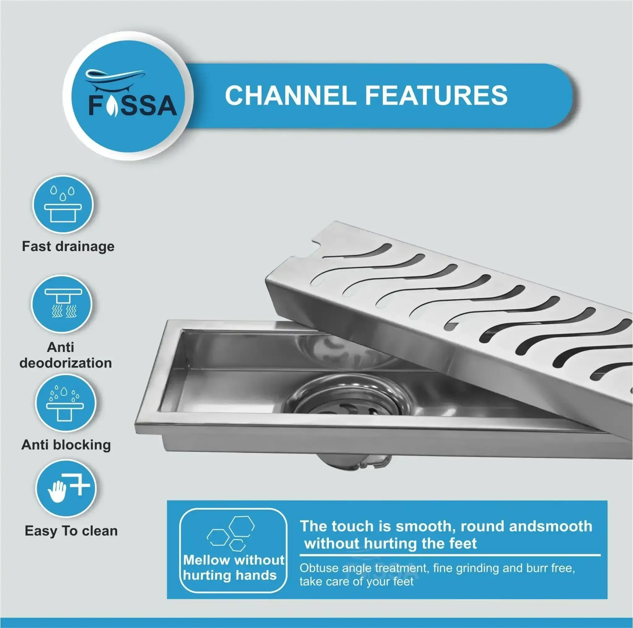 Wave (18x 4 Inches) 304 Grade Brushed Shower Drain Channel Floor Drain - Image 3
